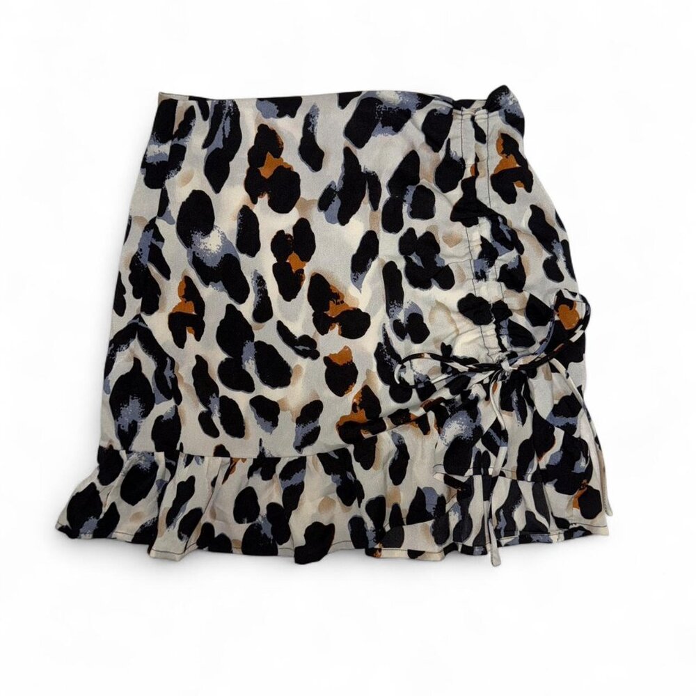 Cheetah Print Cream Orange and Blue Cinch Tie Bow Short Mini Skirt Women's Small